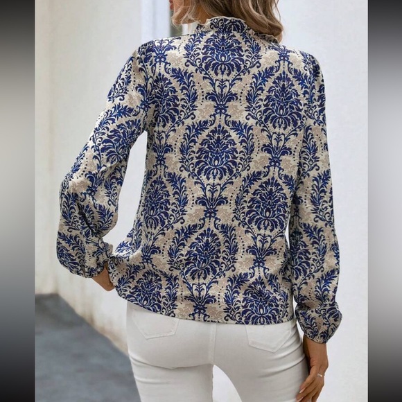 Classic Damask Print Notched Neckline Long  Sleeve Top Blouse Button Down Shirt - Picture 2 of 5